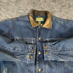 Cabelas Mens Denim Jacket‎ L Tall Lined Brown Leather Collar Trucker VTG 90s